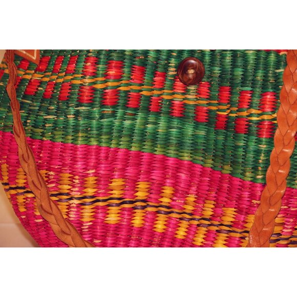 Vtg Hemp Hand woven Bucket Tote Shoulder Bag Purse Leather Straps Button Guatema - Picture 3 of 7